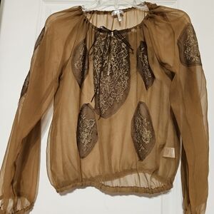Metro 7 Brown Sheer Blouse with Lace Accents